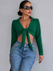 RueChic Tie Front Crop Jacket - Green - View 5