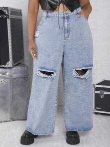 SHEIN CURVE+ 大碼破洞闊腿牛仔褲 - 淺色水洗藍 - 查看 5