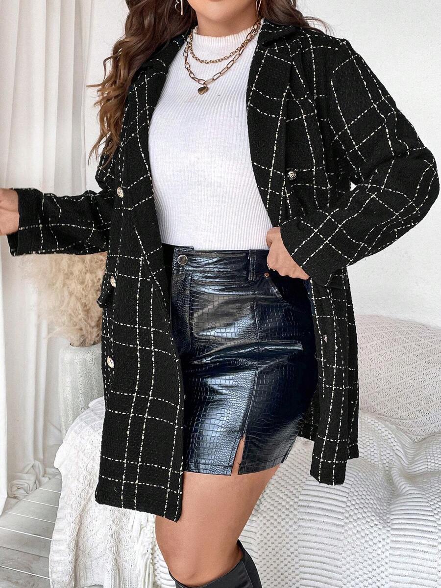 Celure Plus Plaid Double Breasted Overcoat - Black - View 1