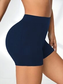 SHEIN Sports 女士纯色高腰休闲健身短裤 - 藏蓝色 - View 3