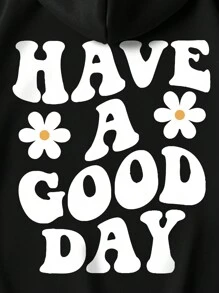 SHEIN EZwear 標語圖案落肩袖抽繩加絨內裏連帽衫 - 黑色 - 查看 3