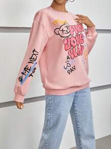 SHEIN EZwear Sudadera con estampado de slogan de hombros caídos