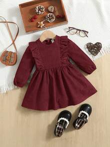 SHEIN Baby Girl Ruffle Trim Lantern Sleeve Dress - Burgundy - View 3