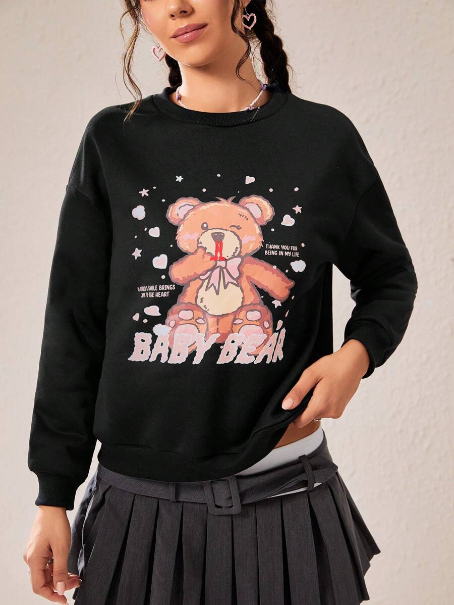 SHEIN EZwear 熊和標語圖案落肩袖運動衫 - 黑色 - 查看 1