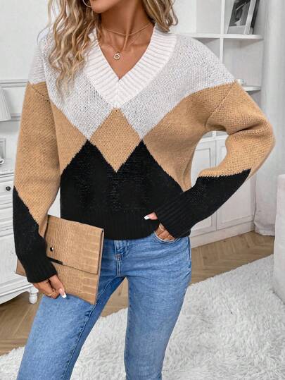 SHEIN LUNE Color Block Drop Shoulder Knit Pullover Fall Winter Sweater