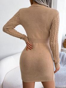 Cut Out Cable Knit Bodycon Sweater Dress - Khaki - View 2