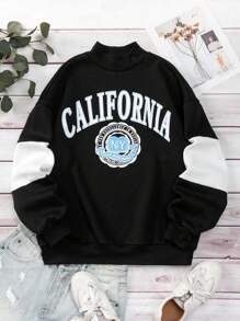 SHEIN Teen Girls Letter Graphic Drop Shoulder Sweatshirt - Black and White - View 1