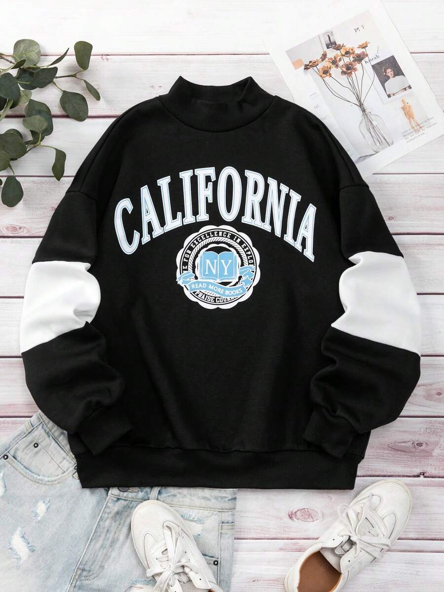 SHEIN Teen Girls Letter Graphic Drop Shoulder Sweatshirt - Black and White - View 1