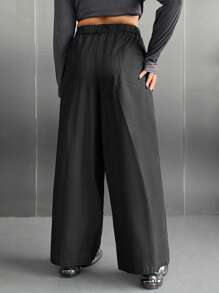 SHEIN EZwear Plus Letter Graphic Wide Leg Pants - Black - View 2