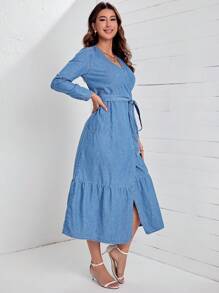 SHEIN LUNE 荷葉邊腰帶牛仔洋裝 - 中等水洗藍 - 查看 5