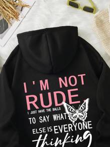 SHEIN EZwear 標語&蝴蝶印花袋鼠口袋連帽衫 - 黑色 - 查看 3