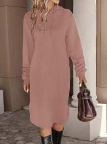 SHEIN LUNE Solid Drawstring Hooded Split Hem Sweatshirt Dress Graduation,Back To School Outfits,Graduation,Teacher Outfits For Women,Back To School In Fall/Winter - Dusty Pink - View 3