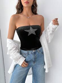 SHEIN EZwear 水鑽星星圖案抹胸上衣 - 黑色 - 查看 3