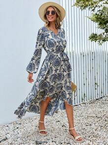 SHEIN VCAY Allover Print Belted Wrap Dress - Multicolor - View 4