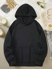 SHEIN EZwear 標語&蝴蝶印花袋鼠口袋連帽衫 - 黑色 - 查看 2