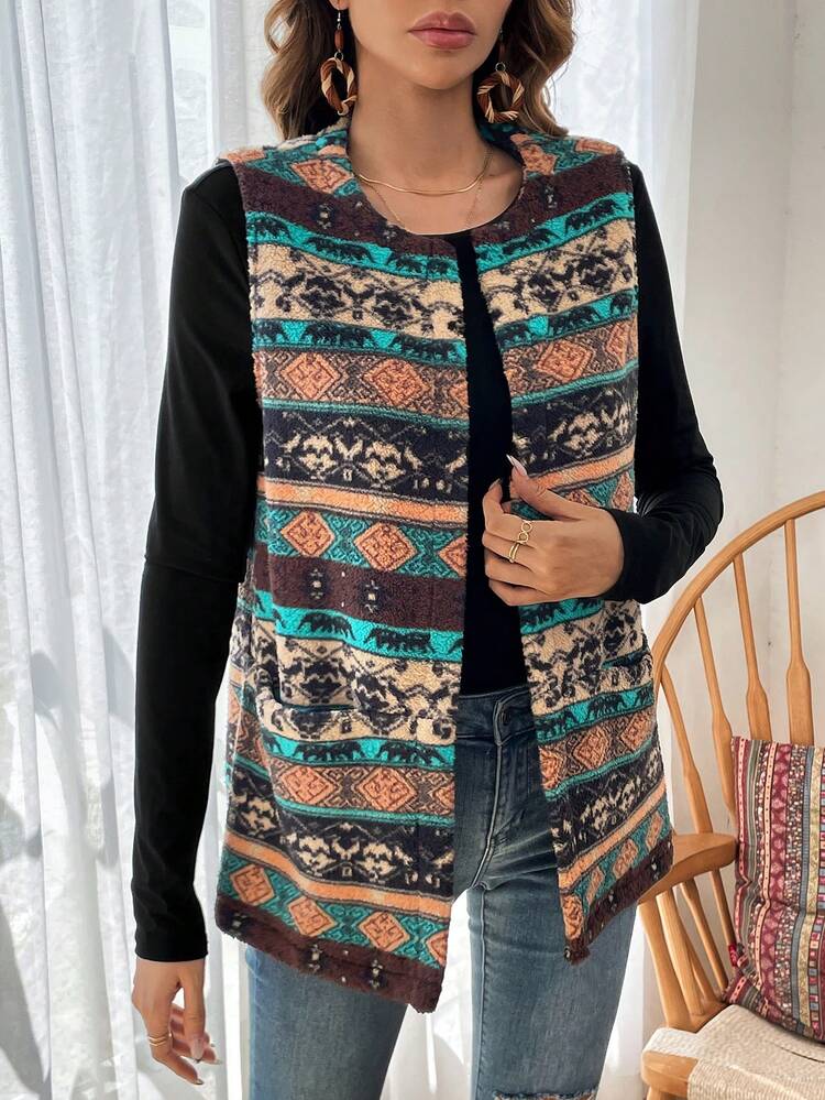 Geo Print Open Front Vest Coat
