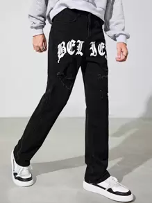 SHEIN Teen Boy Letter Graphic Ripped Jeans