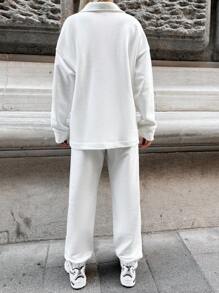 EURMUSE Letter Print Zipper Half-Placket Drop Shoulder Hoodie And Sweatpants - White - View 2