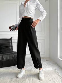 RueChic High Waist Button Detail Suit Pants - Black - View 3