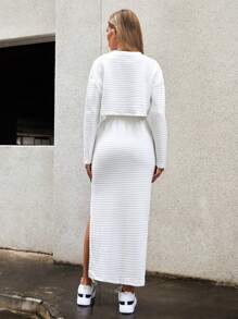 SHEIN Essnce Solid Drop Shoulder Crop Tee & Drawstring Waist Skirt - White - View 2