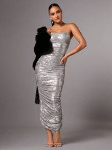 SHEIN BAE Women's Metallic Fabric Strapless Dress - Grey - View 2