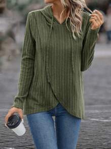 EMERY ROSE Solid Drawstring Wrap Hem Hooded Tee - Army Green - View 1