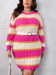 Celure Talla grande Vestido de punto de rayas de color combinado de hombros caídos sin cinturón - Multicolor - Ver 3