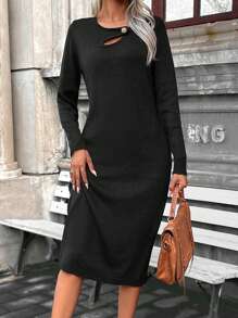 SHEIN LUNE Cut Out Button Detail Sweater Dress Fall Cloth For Women - Black - View 6