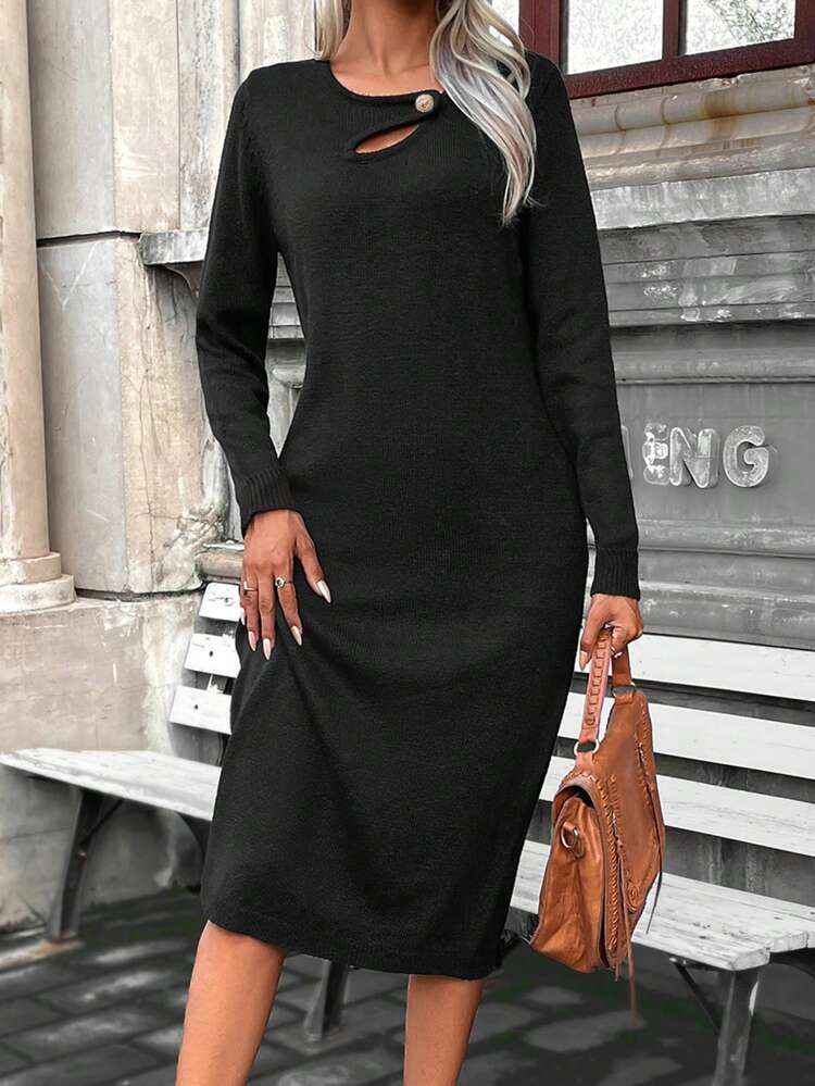 Cut Out Button Detail Sweater Dress Fall Cloth For Women