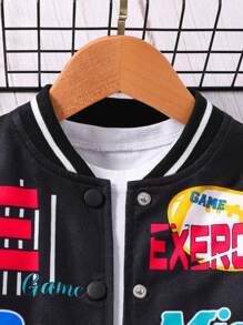 SHEIN Young Girl Letter Graphic Striped Trim Varsity Jacket - Black - View 3