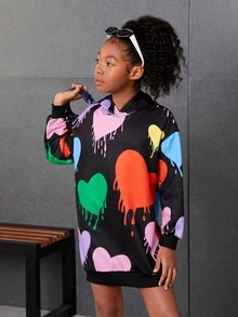 Tween Girl Heart Print Drop Shoulder Hooded Sweatshirt Dress - Black - View 5