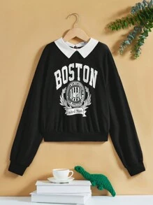 SHEIN 青少年女孩字母圖案拼接領運動衫