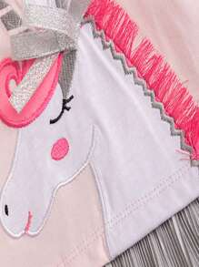 1 件年轻女孩拼布独角兽贴花长袖连衣裙，春/秋 - 粉色 - 查看 3