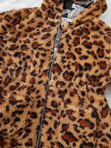 Garota pré-adolescente Estampa De Leopardo Casaco de Pelúcia