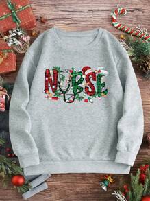 INAWLY Plus Size Christmas Pattern Fleece Sweatshirt Pullover Fall Outfit