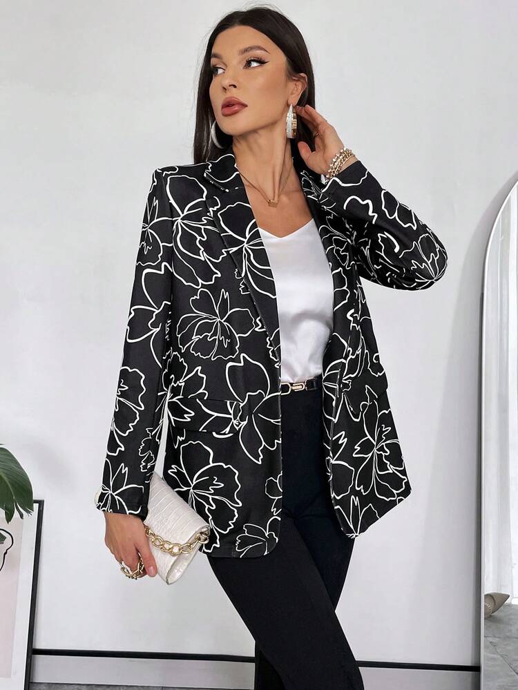 Floral Print Shawl Collar Open Front Blazer