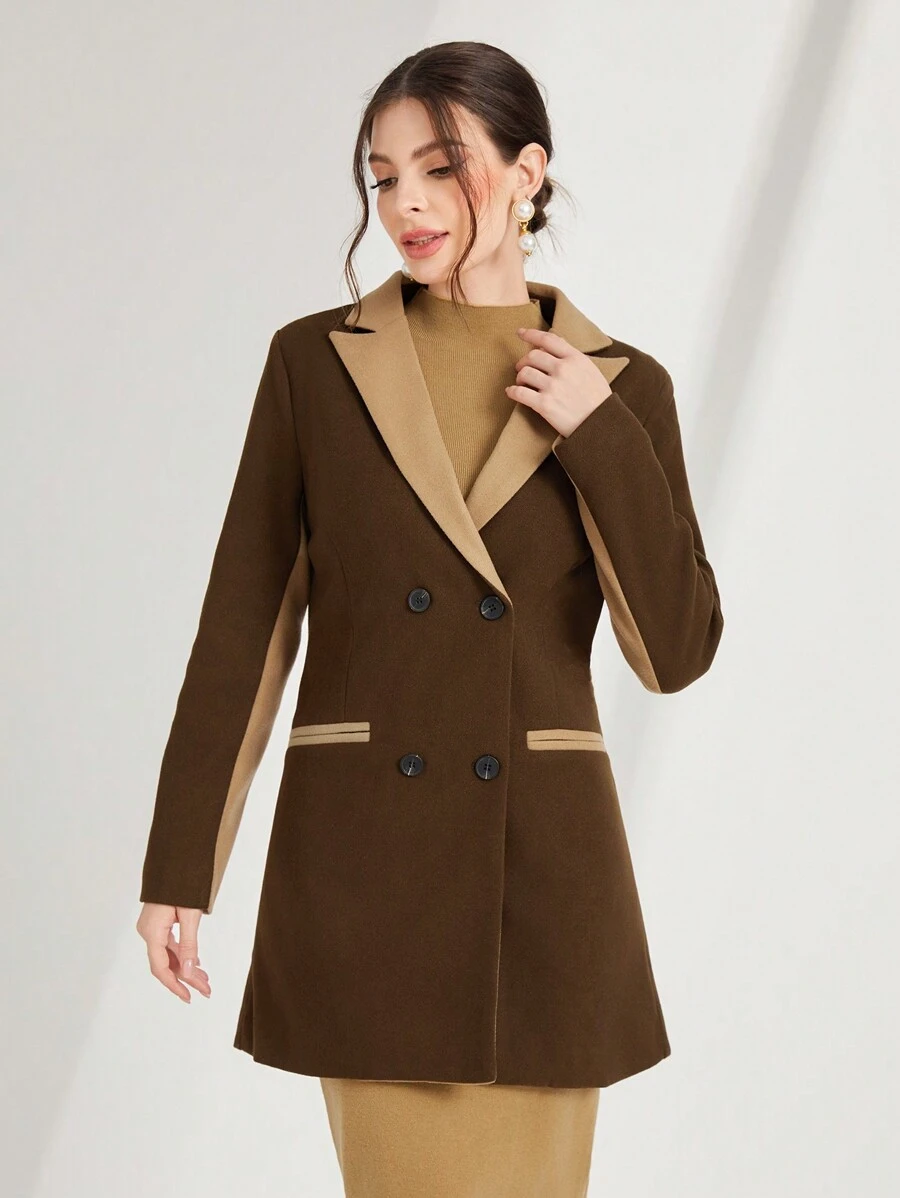 Modelyn Contrast Panel Lapel Neck Double Breasted Overcoat Fall Cloth For Women - Coffee Brown - View 1