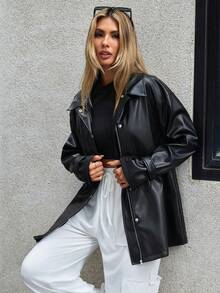 SHEIN Essnce 落肩袖腰部抽繩PU皮革外套 - 黑色 - 查看 3