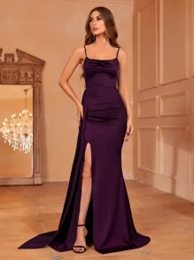 Faeriesty Solid Split Thigh Draped Side Cami Party Dress