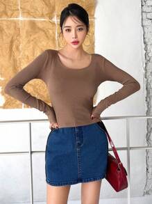 SHEINNeu Solid Scoop Neck Tee - Khaki - View 5