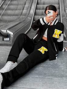 EURMUSE 2pcs/Set Women Crew Neck Letter Print Colorblock Long Sleeve Jacket And Slim Fit Pants - Black - View 6