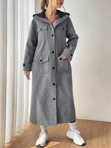 SHEIN EZwear 翻蓋口袋前紐扣連帽花呢外套 - 灰色 - 查看 5