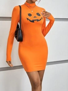 SHEIN EZwear Bản in Halloween Cổ giả Váy bodycon - trái cam - Xem 6