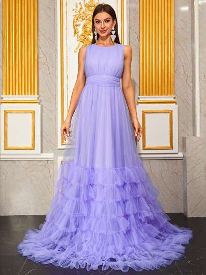 YISIKADO Ruffle Trim Mesh Overlay Bridesmaid Dress Elegant Formal Evening Prom Wedding Guest Gown, For Graduation, Dinner