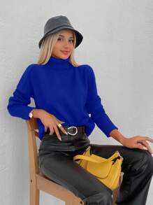 SHEIN Cottnline Solid High Neck Sweater - Blue - View 6