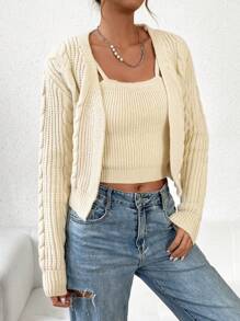 SHEIN Unity Cable Knit Drop Shoulder Duster Cardigan & Cami Knit Top - Khaki - View 5