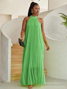 Astrid Plus Size Women's Loose Fit Solid Color Pleated Halter Neck Vacation Dress - Mint Green - View 1