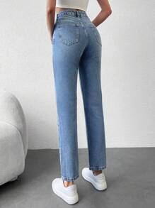 EURMUSE High Waist Straight Leg Jeans - Medium Wash - View 2