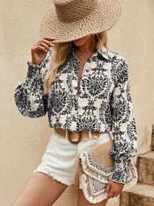 SHEIN VCAY In Toàn bộ Nút phía trước Áo sơ mi - màu đen - Xem 3