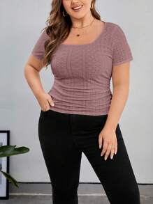 SHEIN Privé 大碼網眼刺繡大圓領T恤 - 粉色 - 查看 1